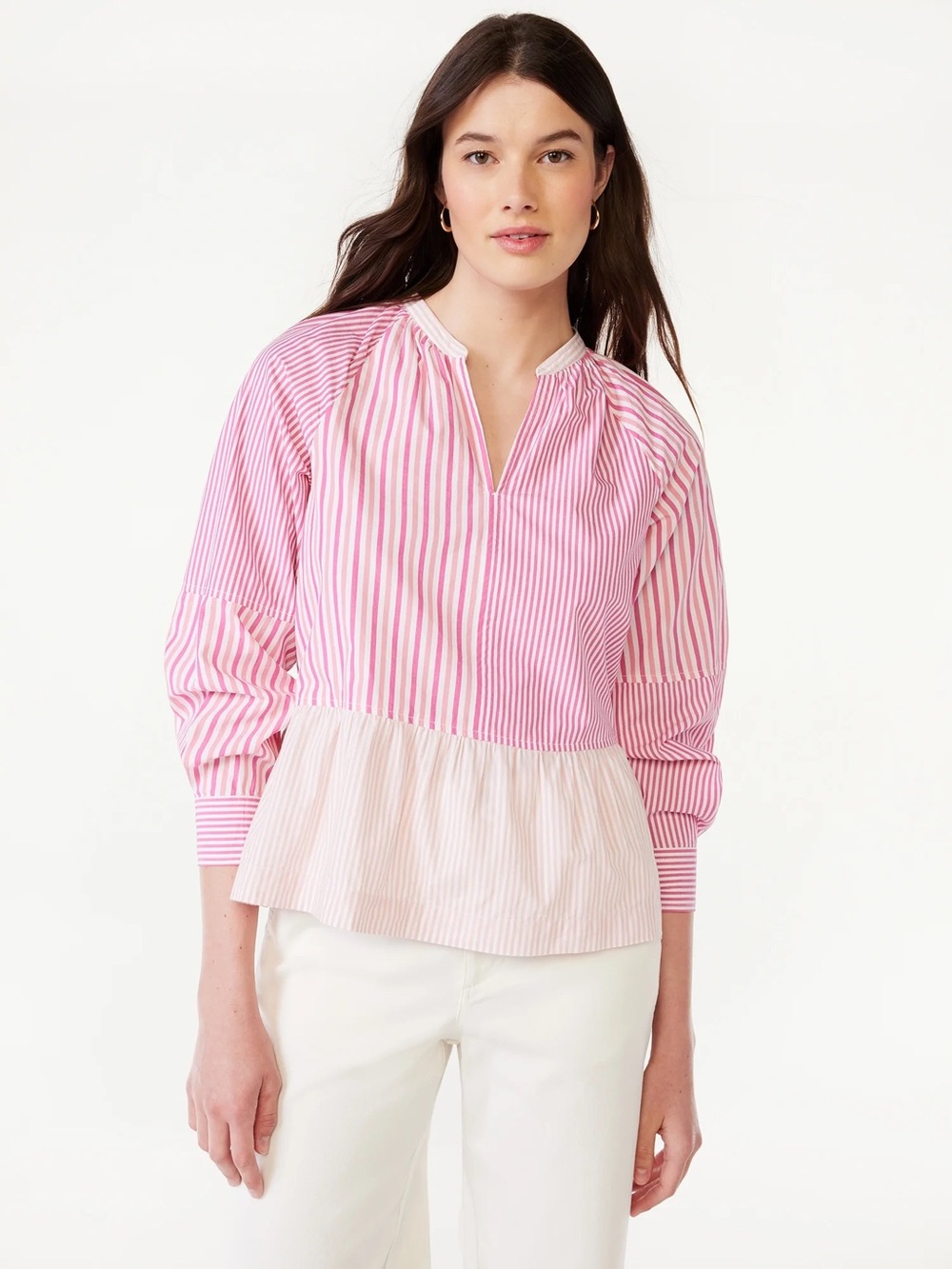 Pink Striped Peplum Blouse with Split V-Neck